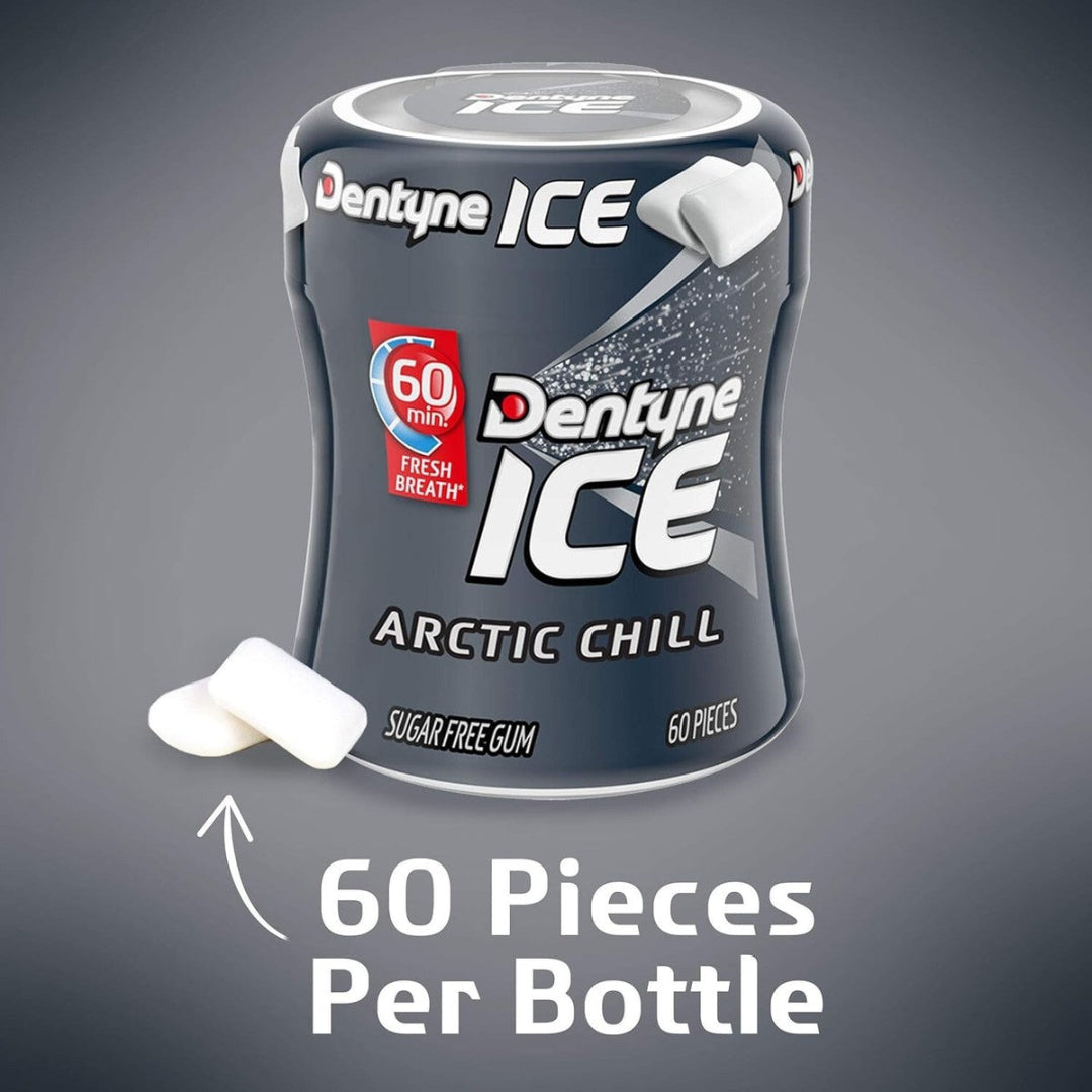Dentyne ICE Arctic Chill gum container with gum pieces on a gray background