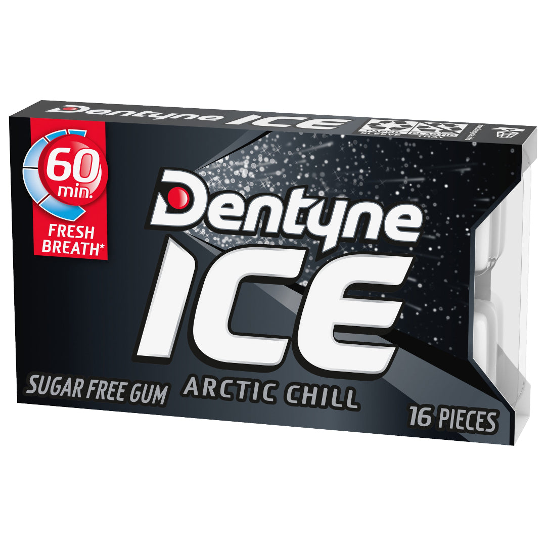 Box of Dentyne ICE Arctic Chill sugar-free gum on a white background