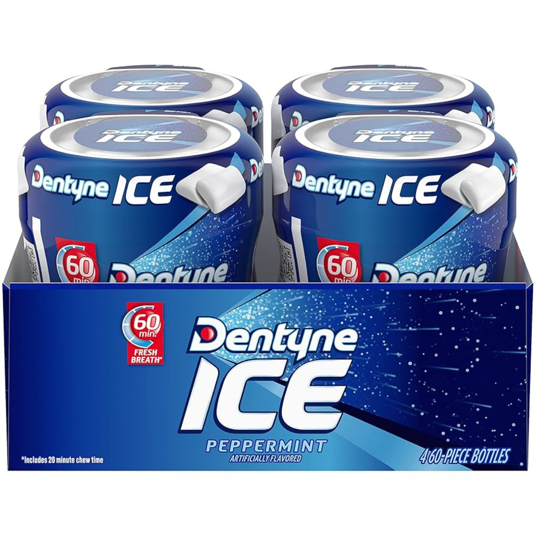 Dentyne Ice peppermint gum packaging with multiple packs displayed.