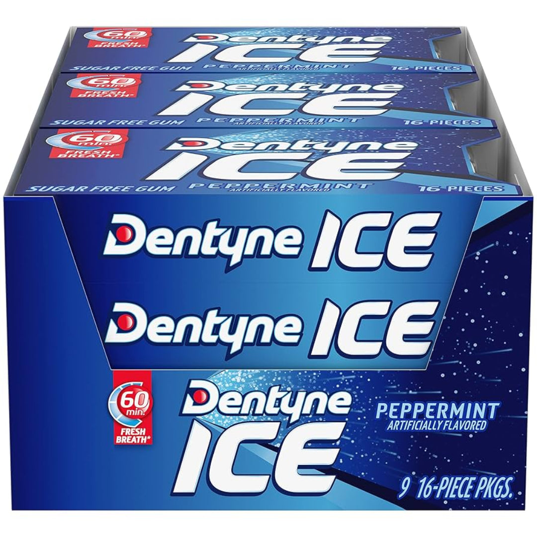 Box of Dentyne ICE peppermint gum with multiple packs stacked on top of each other.