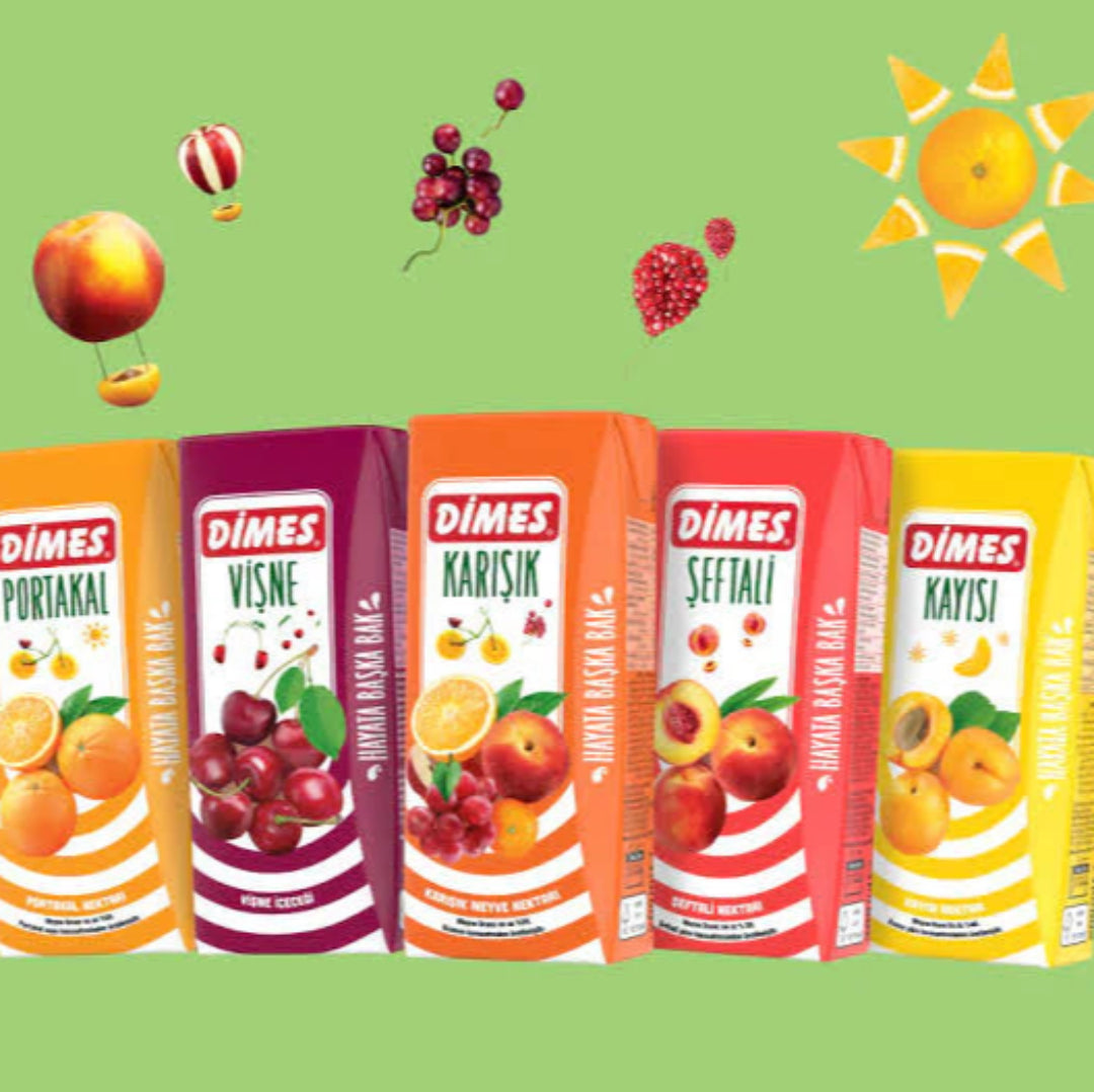 Five Dimes juice boxes with fruit illustrations on a green background