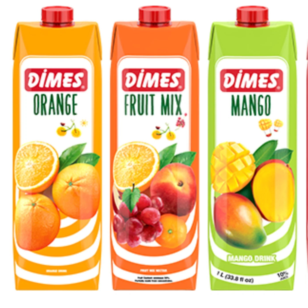 Four cartons of Dimes juice drinks in different flavors on a white background