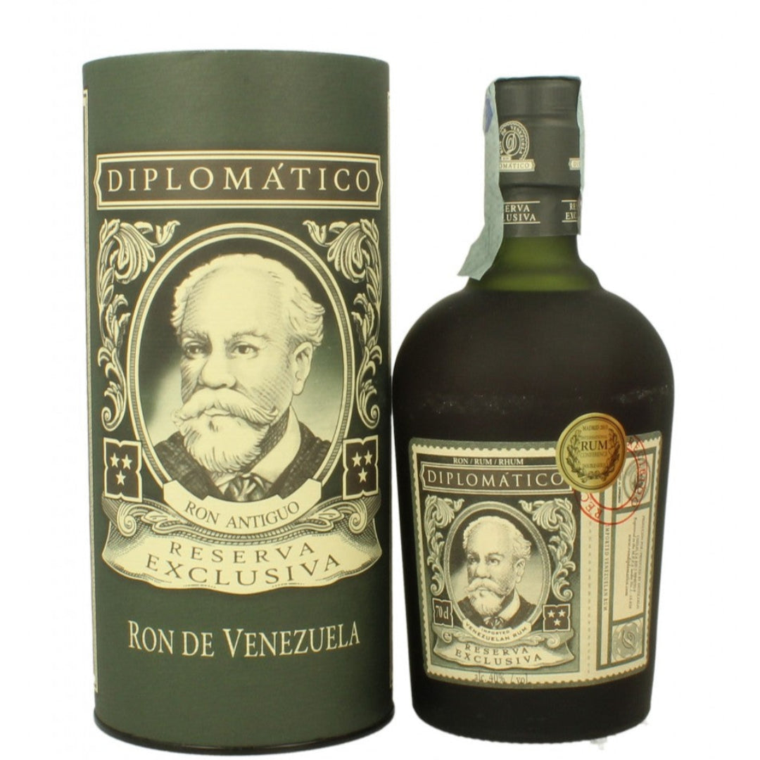 Diplomatico rum bottle and packaging on a white background