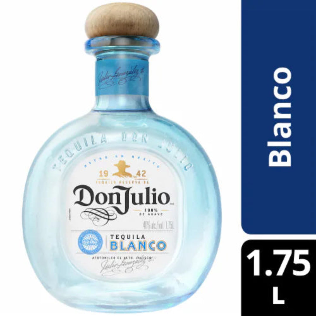 Don Julio Blanco tequila bottle with blue label and wooden cap on a white background