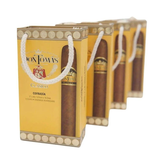 Pack of Don Tomas cigars in a yellow box with white handles on a white background