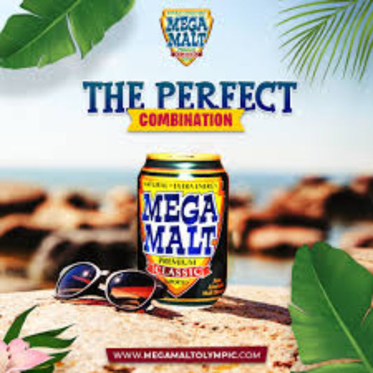 Mega Malt beer can with sunglasses on a rock by the sea, promotional text above.