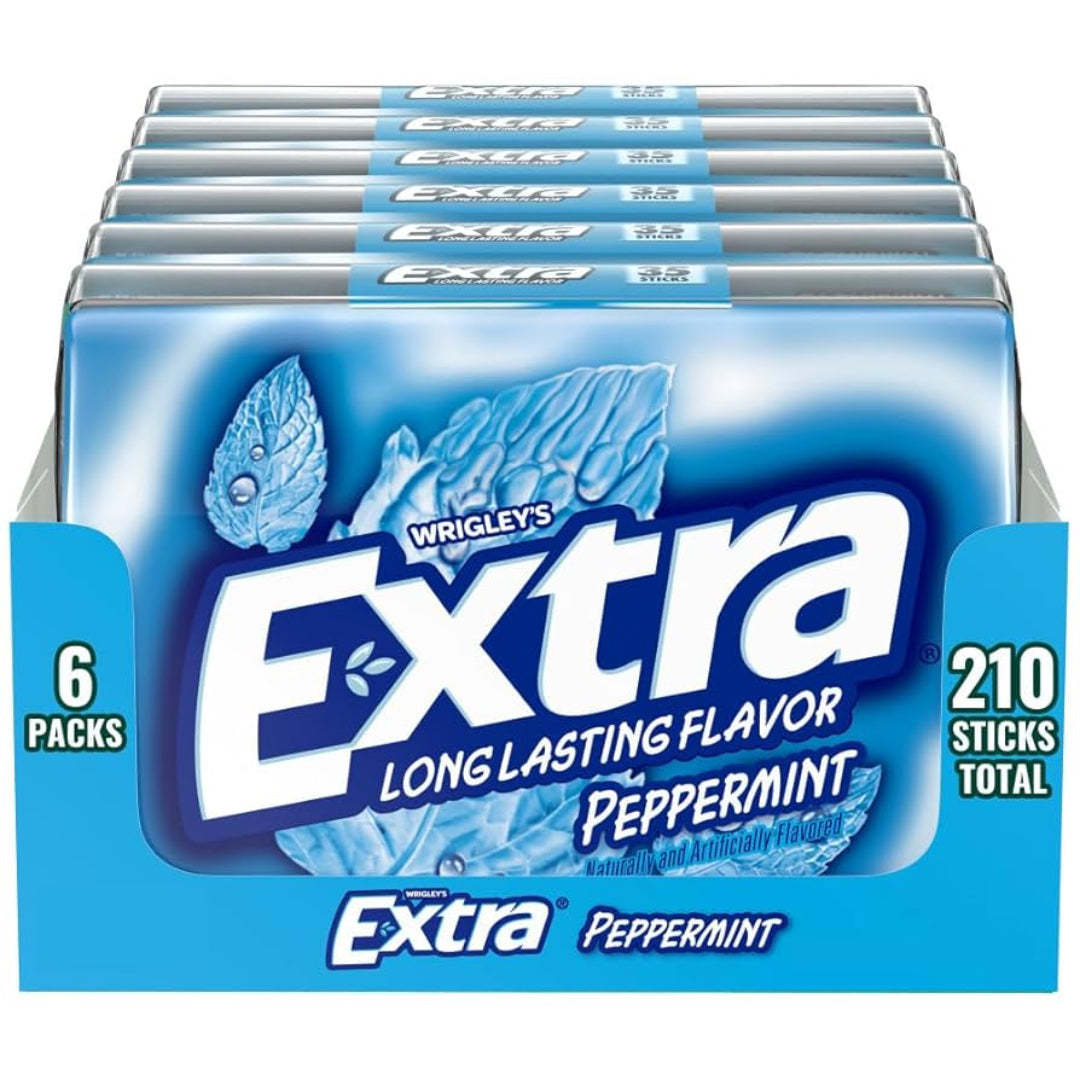 Wrigley's Extra Peppermint gum packaging with blue and white design