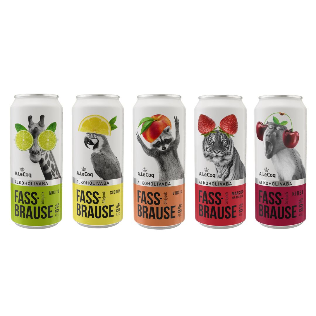 Five cans of Fassbrause with animal-themed labels on a white background