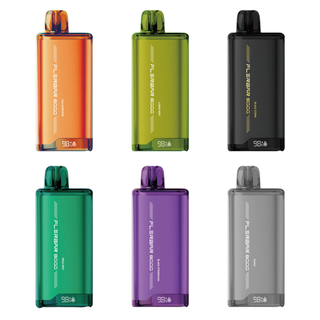 Five different colored vape devices on a white background