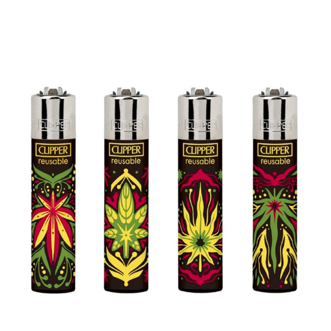 Four Clipper reusable lighters with colorful designs on a white background