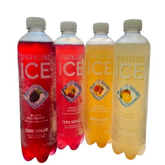 Four bottles of Sparkling Ice drinks on a counter with a blurred background