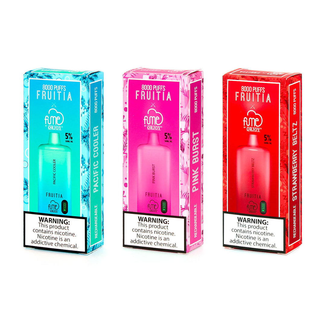 Three boxes of Fruitia vape devices in blue, pink, and red on a white background.