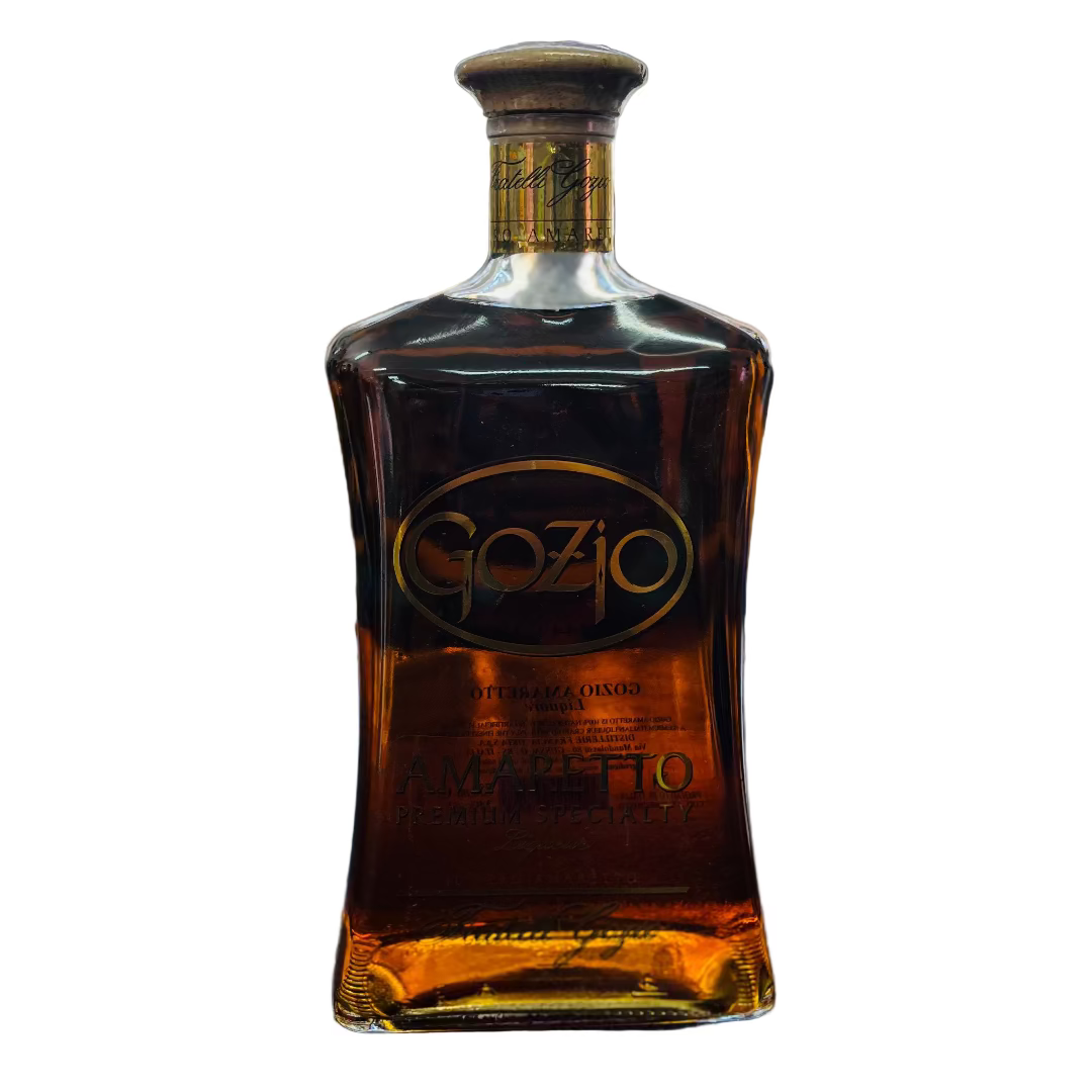Bottle of Gozo brand liquor on a bar counter with a blurred bar background