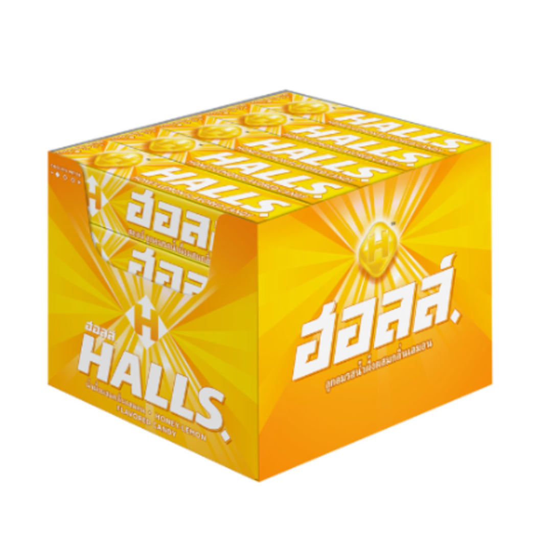 Box of Halls cough drops with a bright yellow and orange color scheme.
