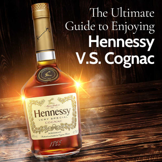 Hennessy V.S. Cognac bottle on a wooden surface with text about enjoying the cognac.
