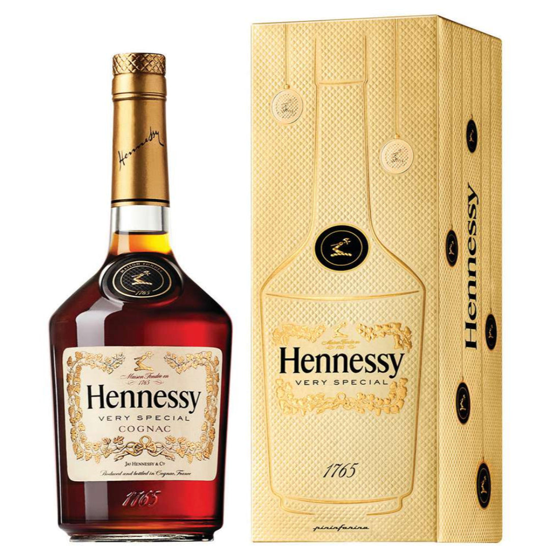 Hennessy cognac bottle and packaging on a white background