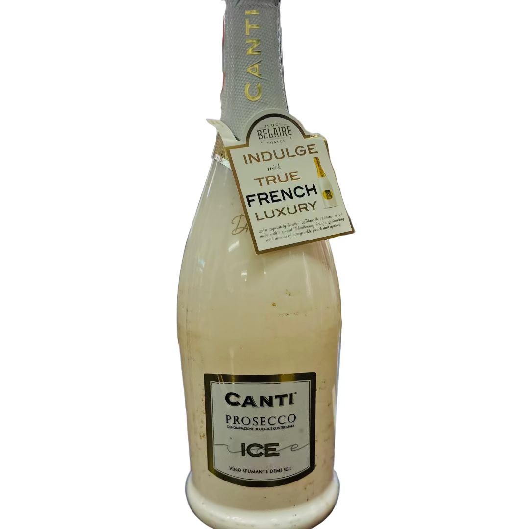 Bottle of Canti Prosecco Ice on a bar counter with a blurred bar background