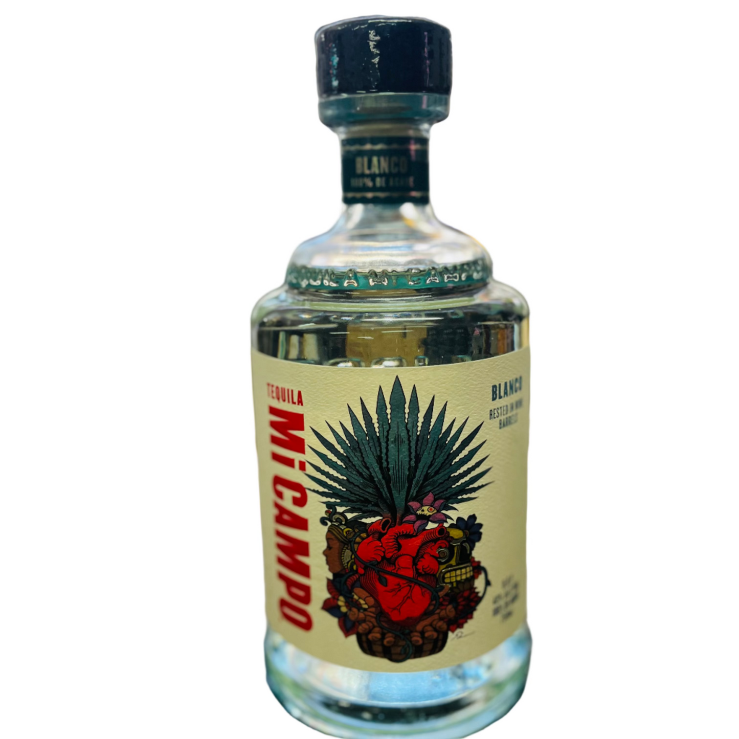 Tequila bottle with a decorative label on a bar counter