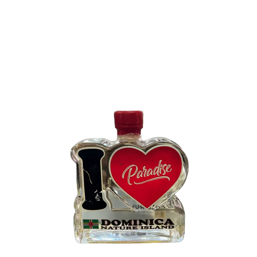 Small bottle with 'I ❤️ Paradise' design on a counter