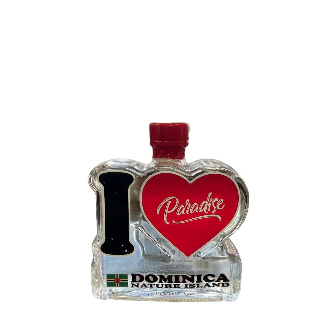 Small bottle with a heart design and 'I love Paradise' text on a blurred background