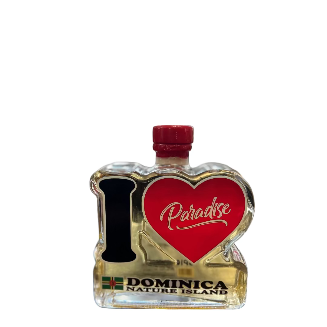 Small bottle with a red heart and 'I love Paradise' text on a reflective surface.