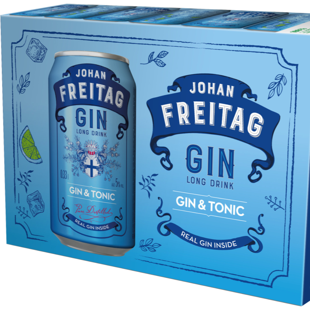 Box of Johan Freitag Gin & Tonic cans with blue design