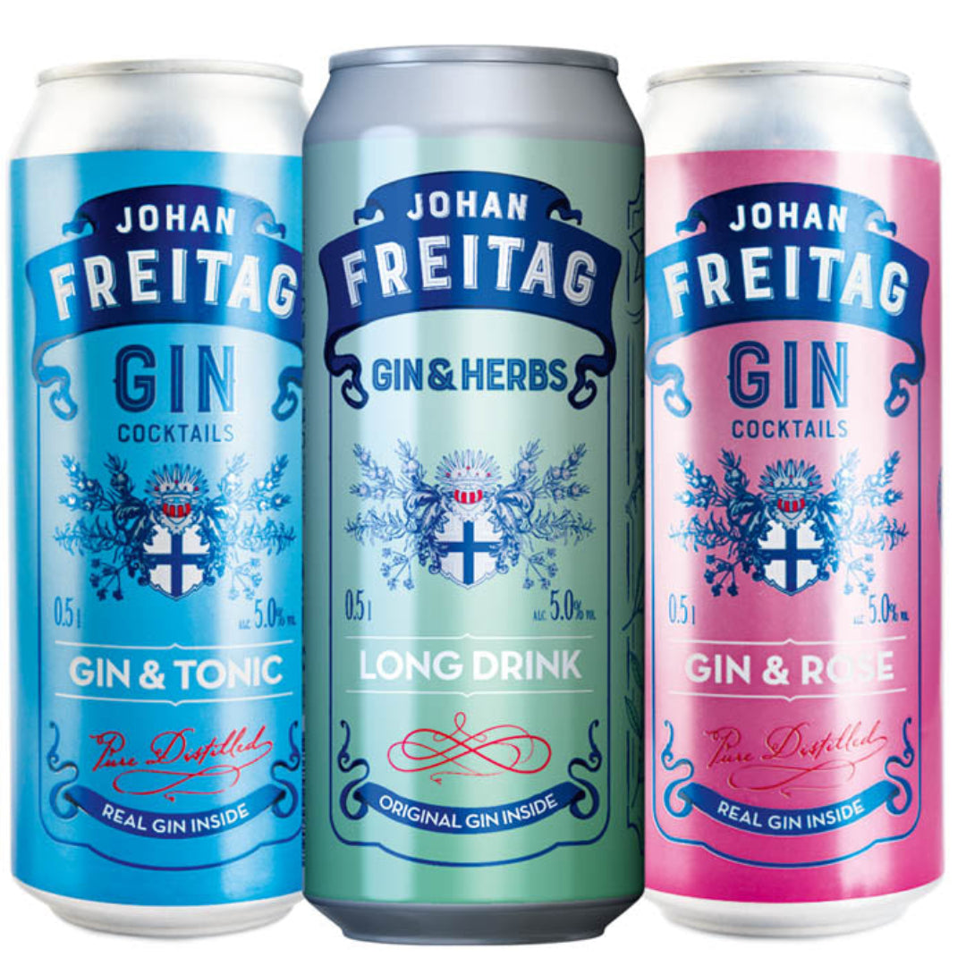 Three cans of Johan Freitag gin cocktails in blue, green, and pink on a white background.