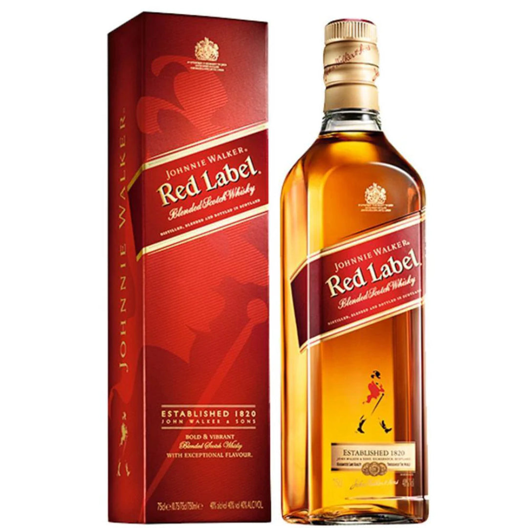 Johnnie Walker Red Label whisky bottle and packaging on a white background