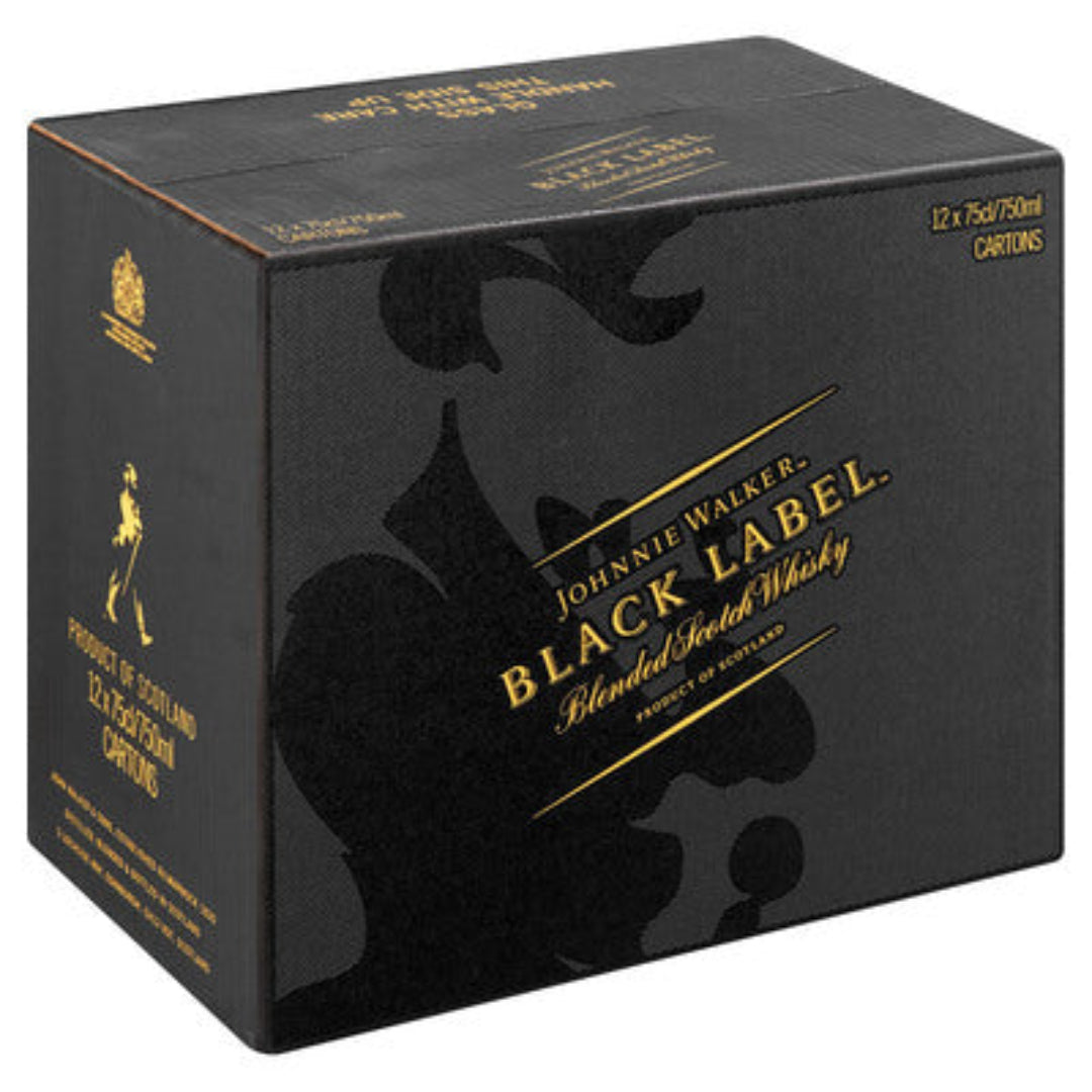 Johnnie Walker Black Label whisky box with gold text on a black background