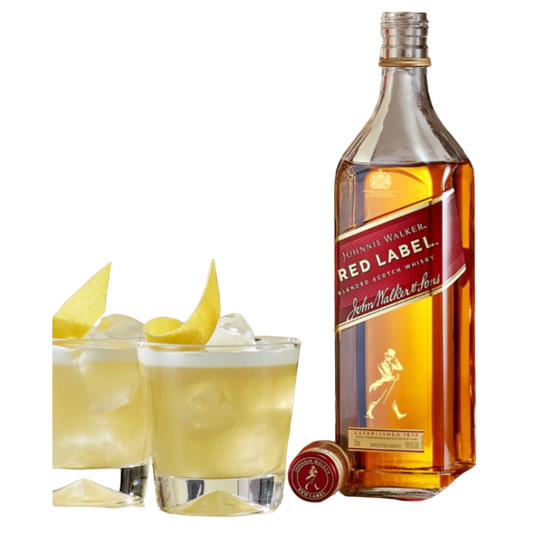 Johnnie Walker Red Label whisky bottle with two cocktails on a blurred background