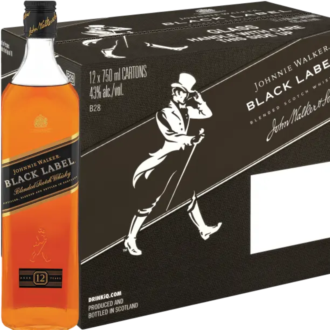 Johnnie Walker Black Label whisky bottle and box on a white background