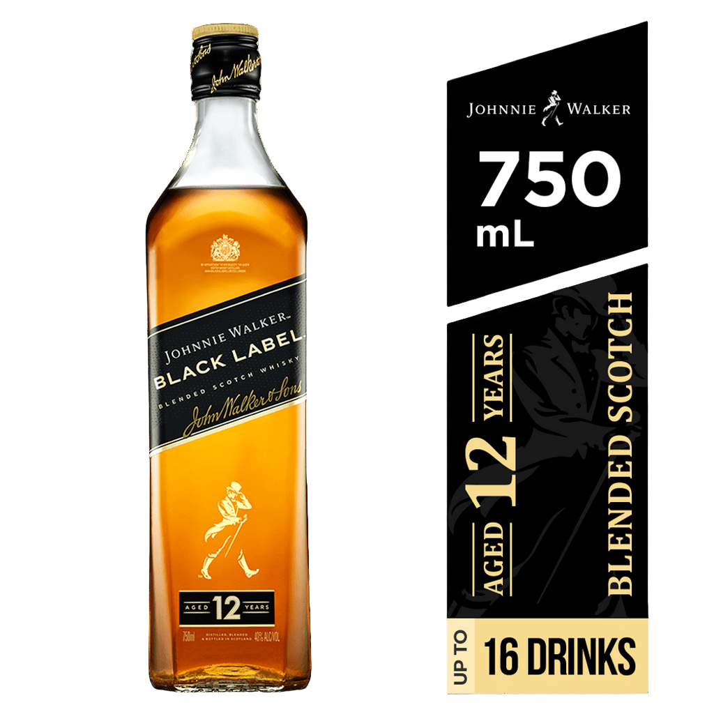 Johnnie Walker Black Label blended Scotch whisky bottle with packaging details on a green background