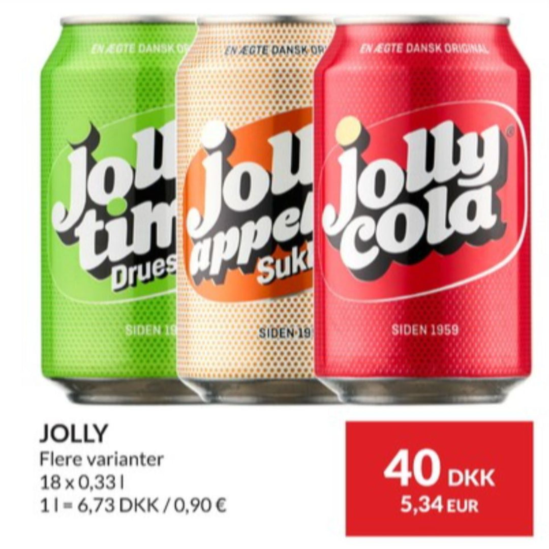Three cans of Jolly Cola with different flavors on a white background