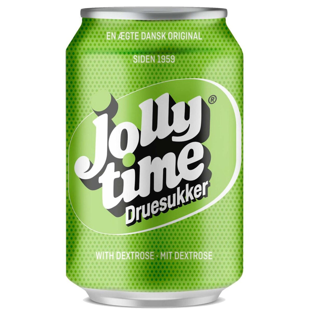 Green can of Jolly Time Druesukker with white text on a white background