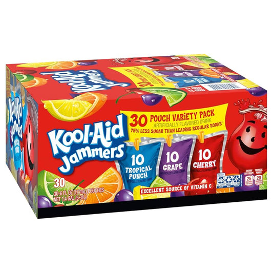 Box of Kool-Aid Jammers pouches with colorful packaging on a white background