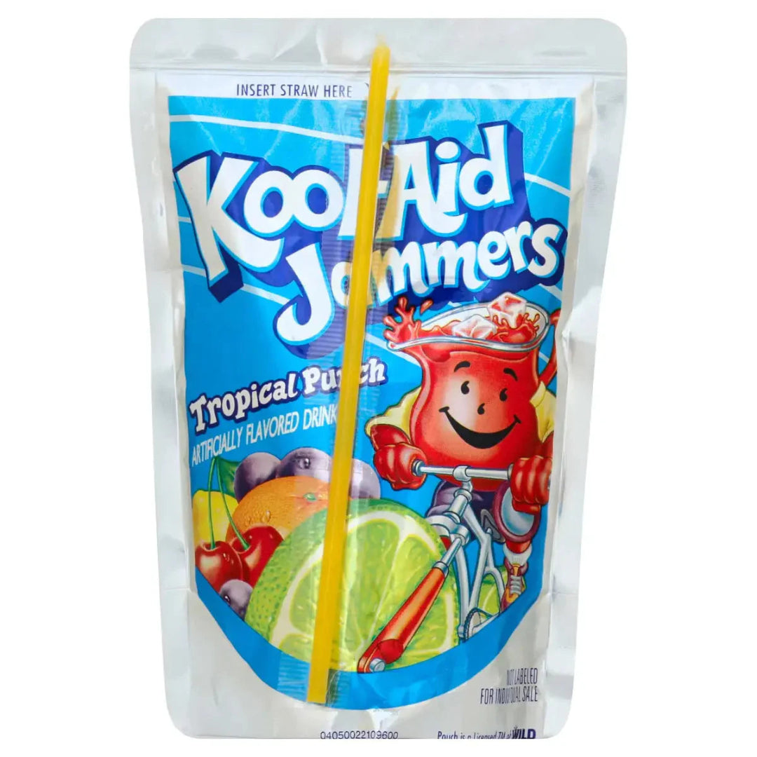 Kool-Aid Jammers Tropical Punch drink package with a straw on a white background