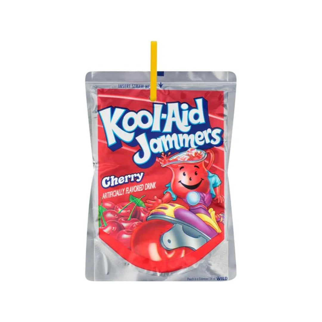Kool-Aid Jammers Cherry drink package with a yellow straw on a white background