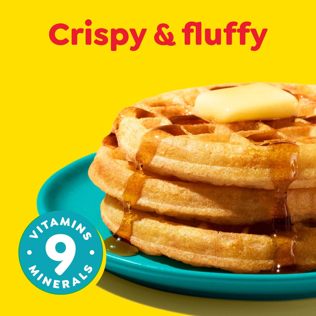 Stack of waffles with butter and syrup on a blue plate against a yellow background, featuring text 'Crispy & fluffy' and a badge with 'Vitamins 9 Minerals'.