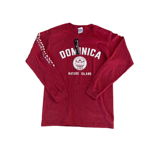 Red loungewear set with 'Dominica' branding 