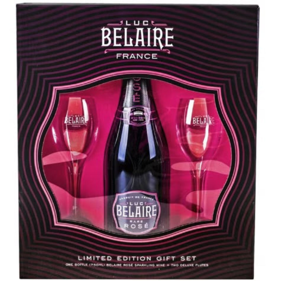 Luc Belaire Rosé champagne bottle and glasses gift set packaging