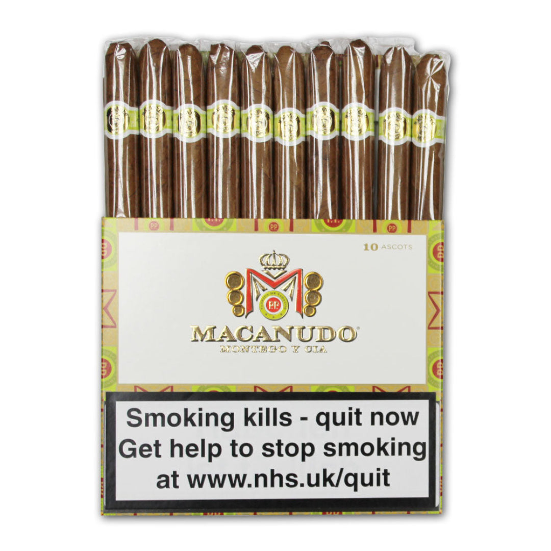 Pack of Macanudo cigars with a warning label on a white background