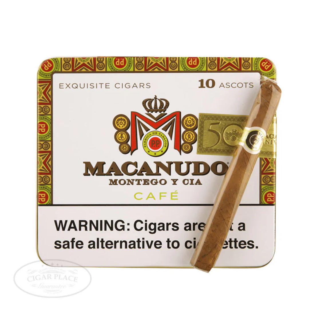 Macanudo cigars in a tin with a warning label on a white background