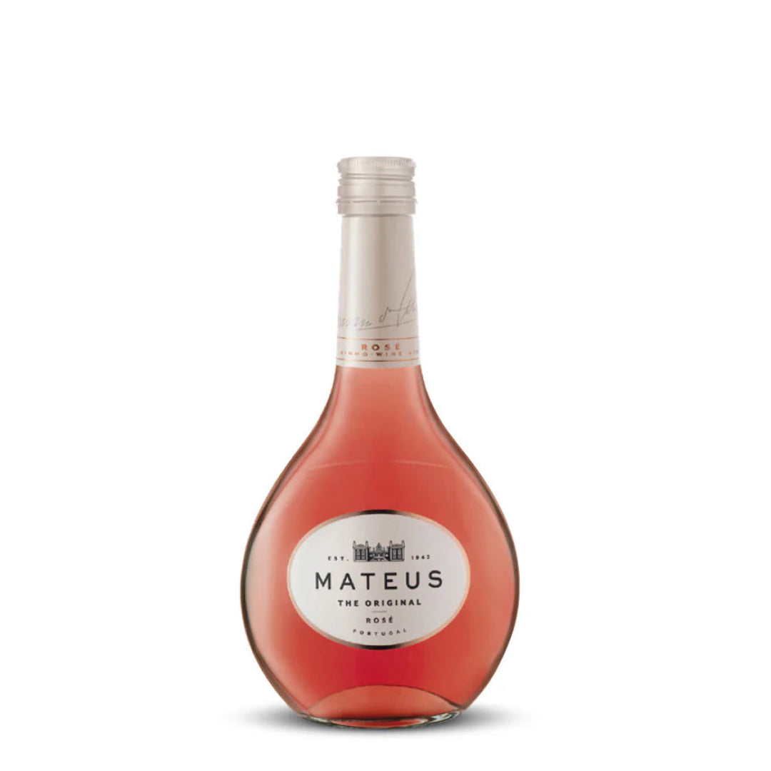Bottle of Mateus Rosé wine on a white background
