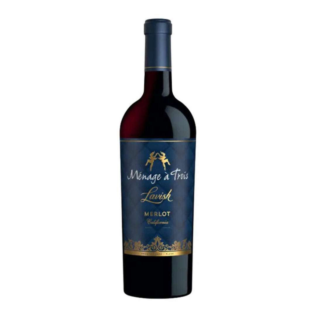 Wine bottle labeled 'Menage a Trois Lavish Merlot' on a white background