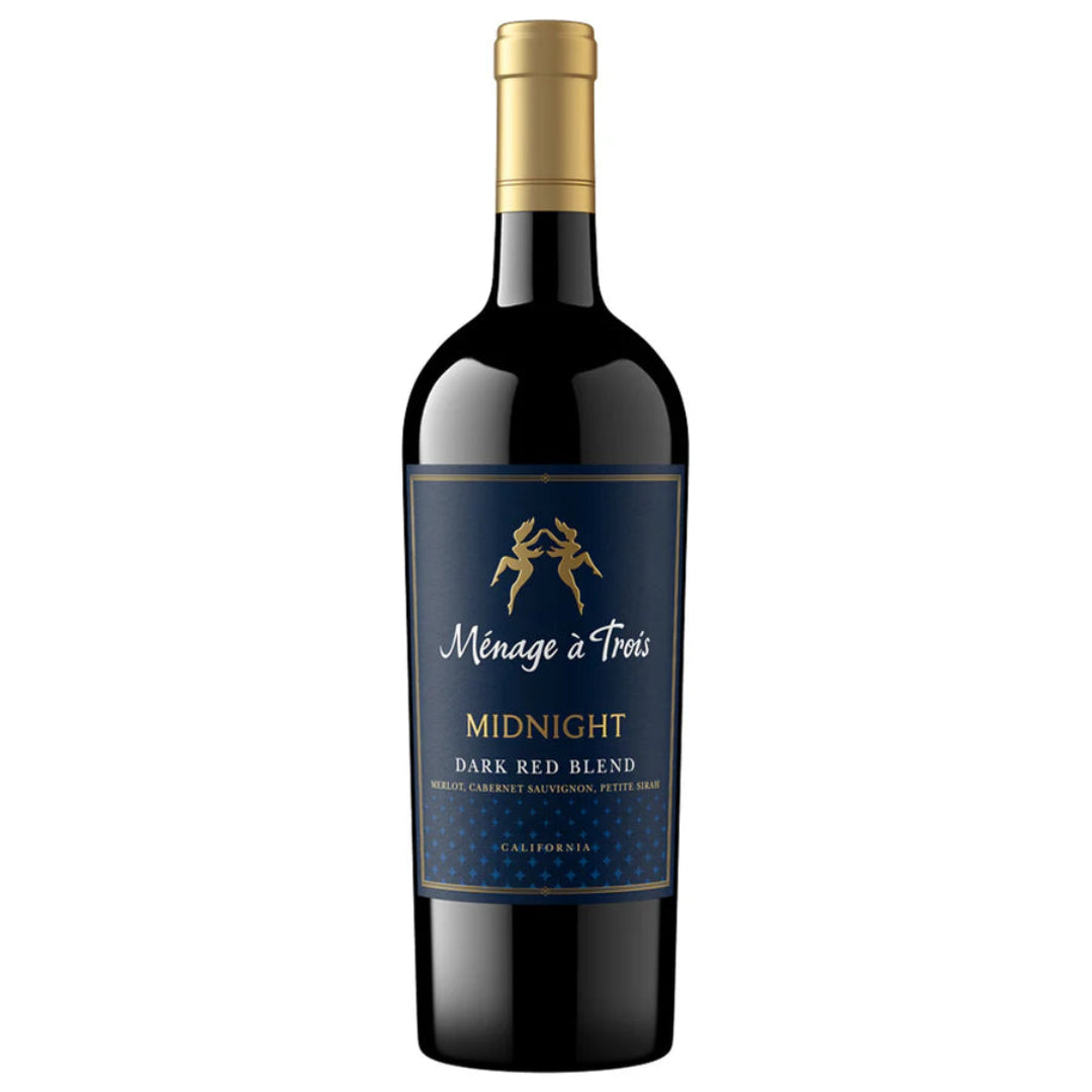Wine bottle with blue label featuring 'Menéage à Trois' on a white background