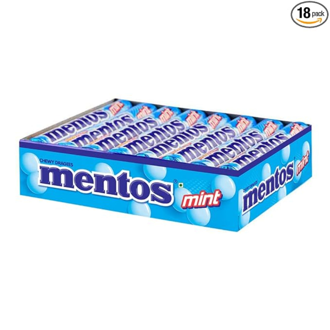 Box of Mentos mint candy on a white background