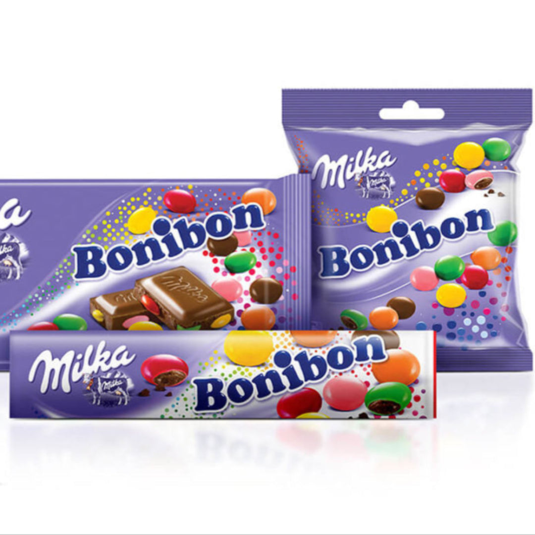 Milka Bonibon chocolate bars and packaging on a white background