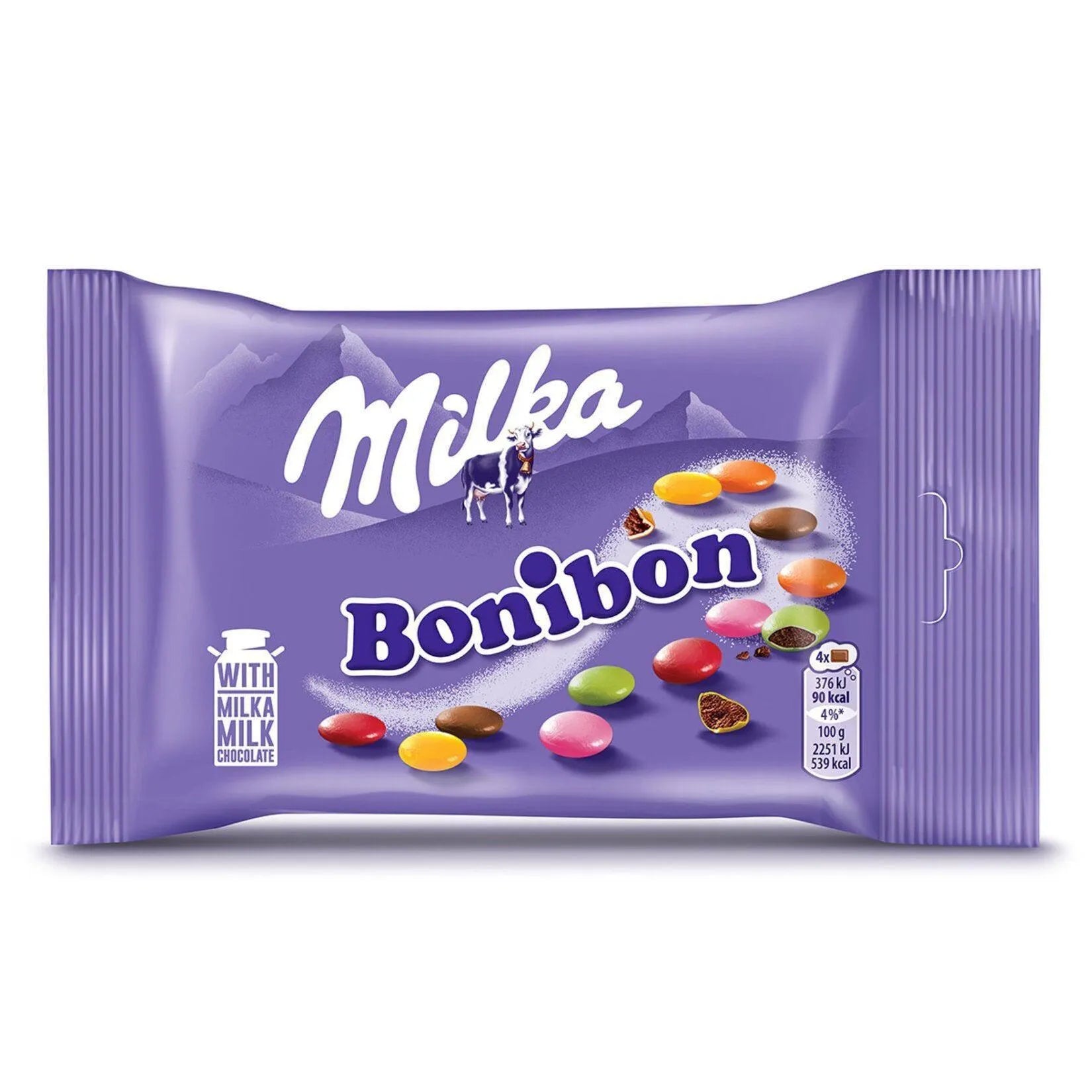 Purple package of Milka Bonibon chocolate on a white background