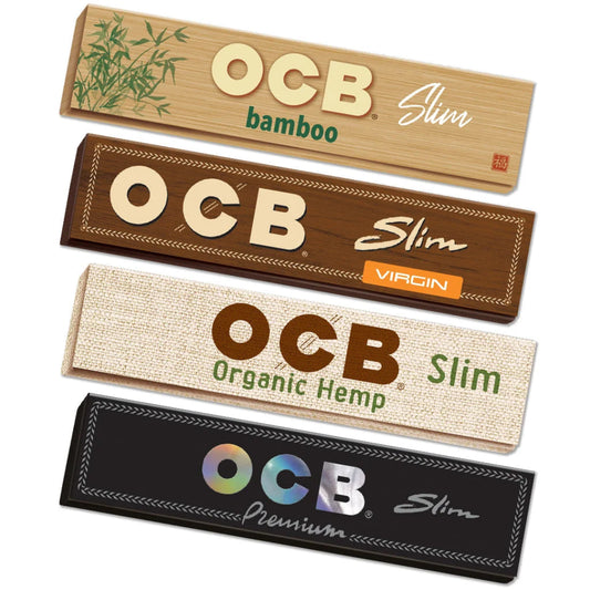 OCB rolling paper packs in different varieties on a white background