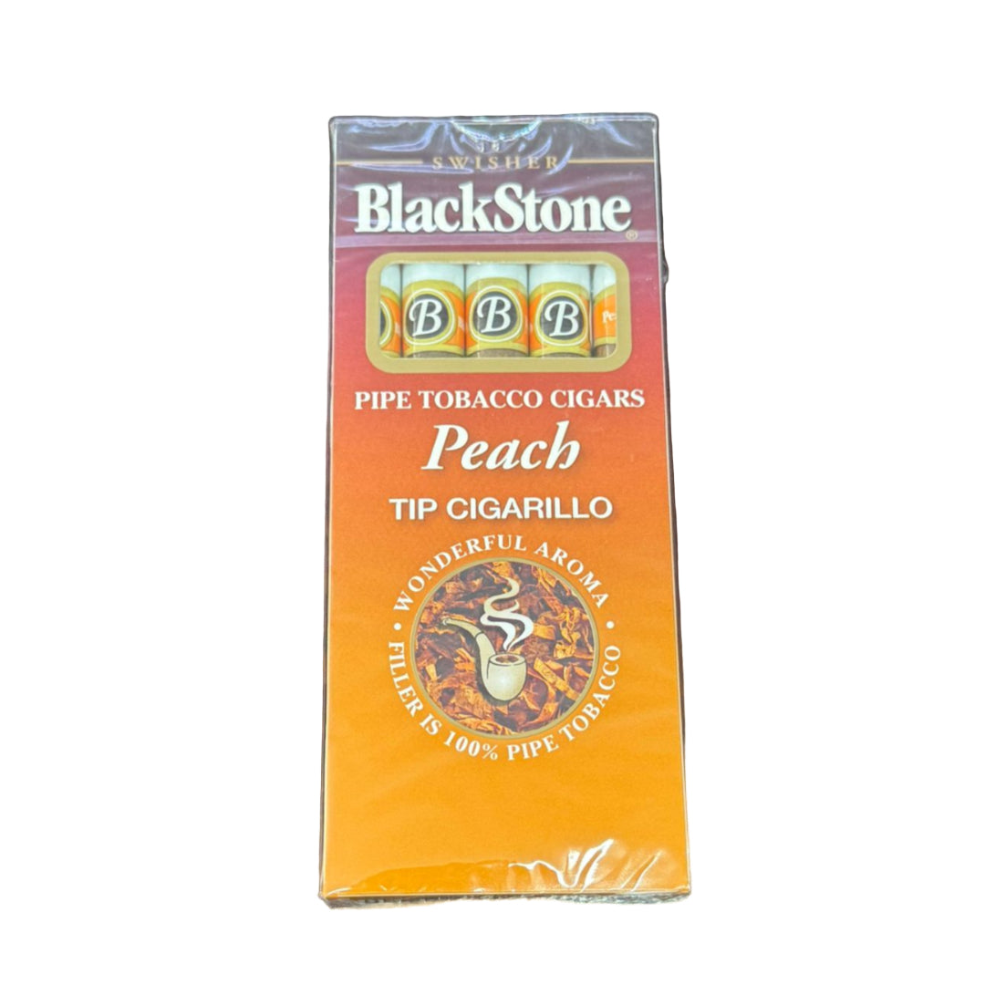 Pack of Blackstone Peach Tip Cigarillo tobacco on a dark wooden surface